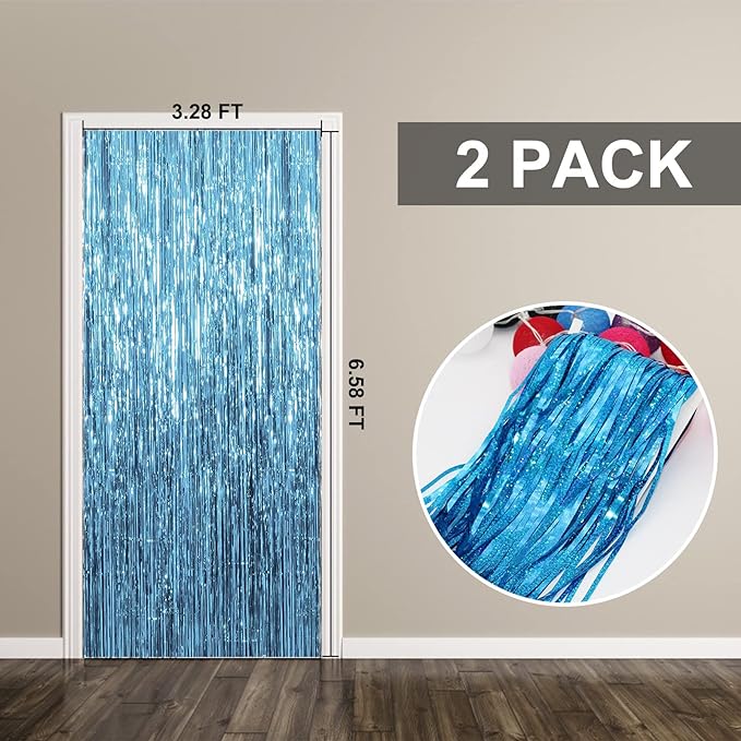 2 Pack Blue Streamers Party Decorations Fringe Backdrop Ocean Themed Decorations Foil Curtain Backdrop Blue Birthday Ocean Party Decor Supplies