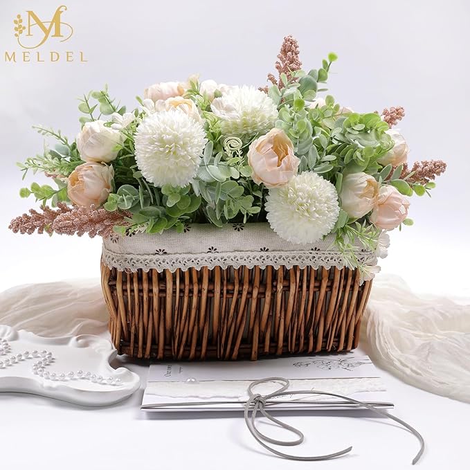 Meldel 3Pcs Rose Bouquet Light Champagne Artificial Flowers Peony Eucalyptus Plants Silk Flower Arrangements Wedding Bouquets Decorations Plastic Floral Centerpieces for Home Kitchen Party Decor