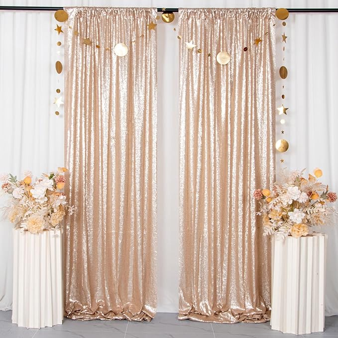 ShinyBeauty Champagne Backdrop Curtains 2 Pieces Sequin Photograph Backdrops 7FTx7FT Panels Sparkly Curtain Shimmer Fabric Background for Weddding,Prom,Birthday Backgrounds