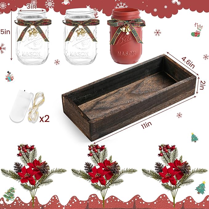 3 Pcs Mason Jar Centerpiece Decorations for Christmas Table Decor Farmhouse Coffee Table Decor Christmas Kitchen and Room Decor,Red