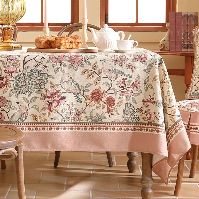 patdrea Designer Pink Linen Table Cloth for Sqaure Table,French Tablecloth with Birds Pattern,Small Colorful Decoration Cover for Kitchen Dining,Christmas,Party,Thanksgiving,55"x55"-Kulom a