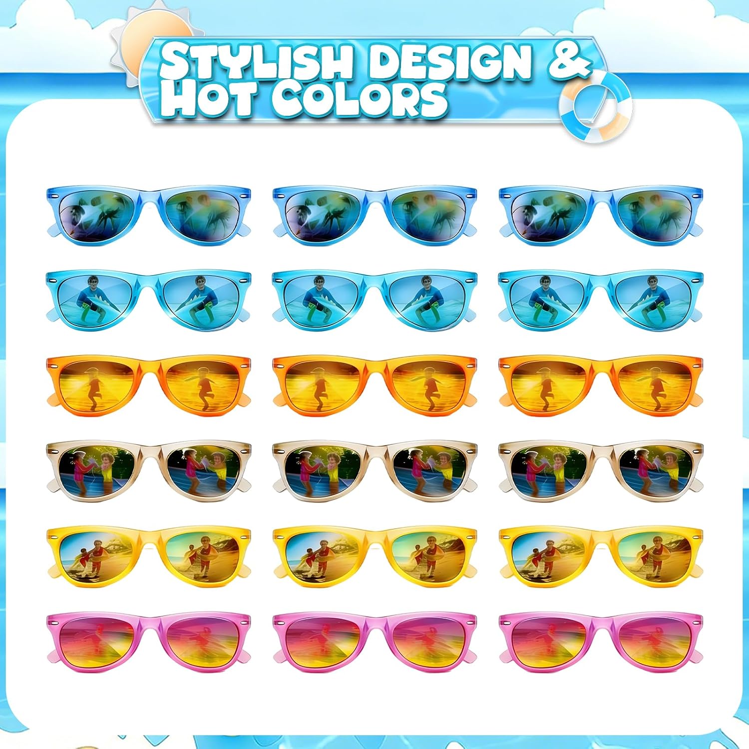 18 Pack Kids Sunglasses Bulk Party Favors, Neon Sunglasses with UV400 Protection for Kids Age 3-8,Great Gift for Birthday ，Graduation Party Supplies Party, Beach, Pool，Boys Girls Goody Bag Stuffers