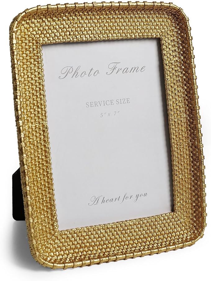 Cuspin Vintage Gold 5x7 Picture Frame, Gold Metal Rattan Textured Hand-Crafted Photo Frame with Glass Front Antique Picture Frame for Tabletop Display & Wall Display, Retro Design Home Decor