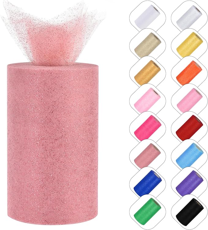 Glitter Tulle Rolls 6” by 50 Yards Sparkle Tulle Fabric Ribbon Sequin Tulle Netting Rolls for DIY Tutu Skirt Wedding Birthday Party Decoration (Rose Gold)