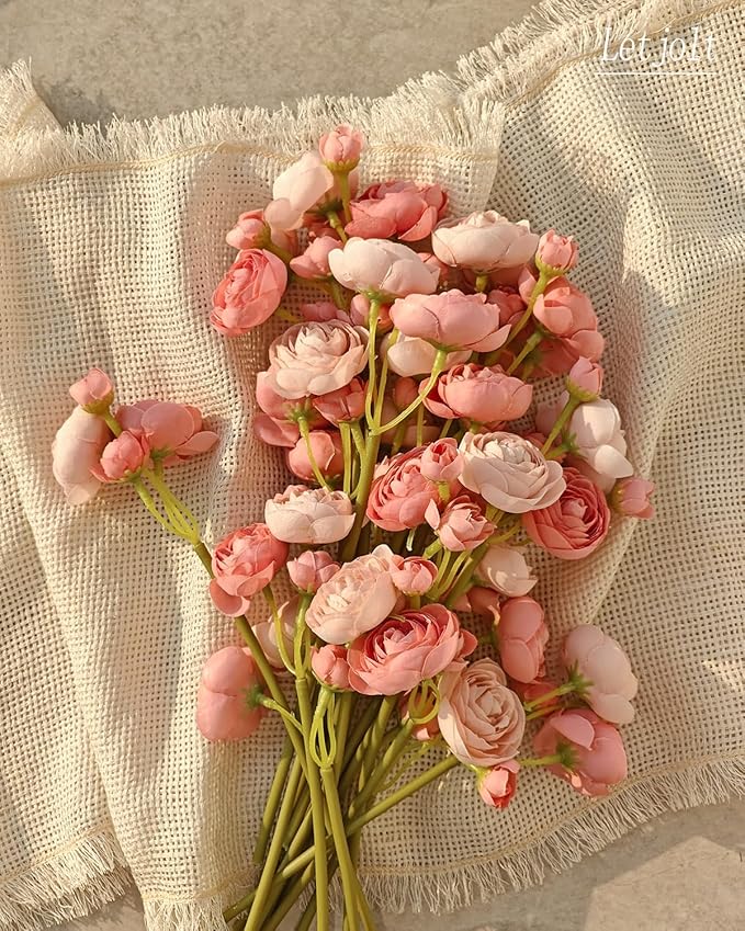Letjolt Ranunculus Artificial Flower 18 Pcs Pink Silk Ranunculus Wedding Bouquet Engagement Centerpieces Arrangements Bridal Shower Decorations Home Decor, Deep Pink