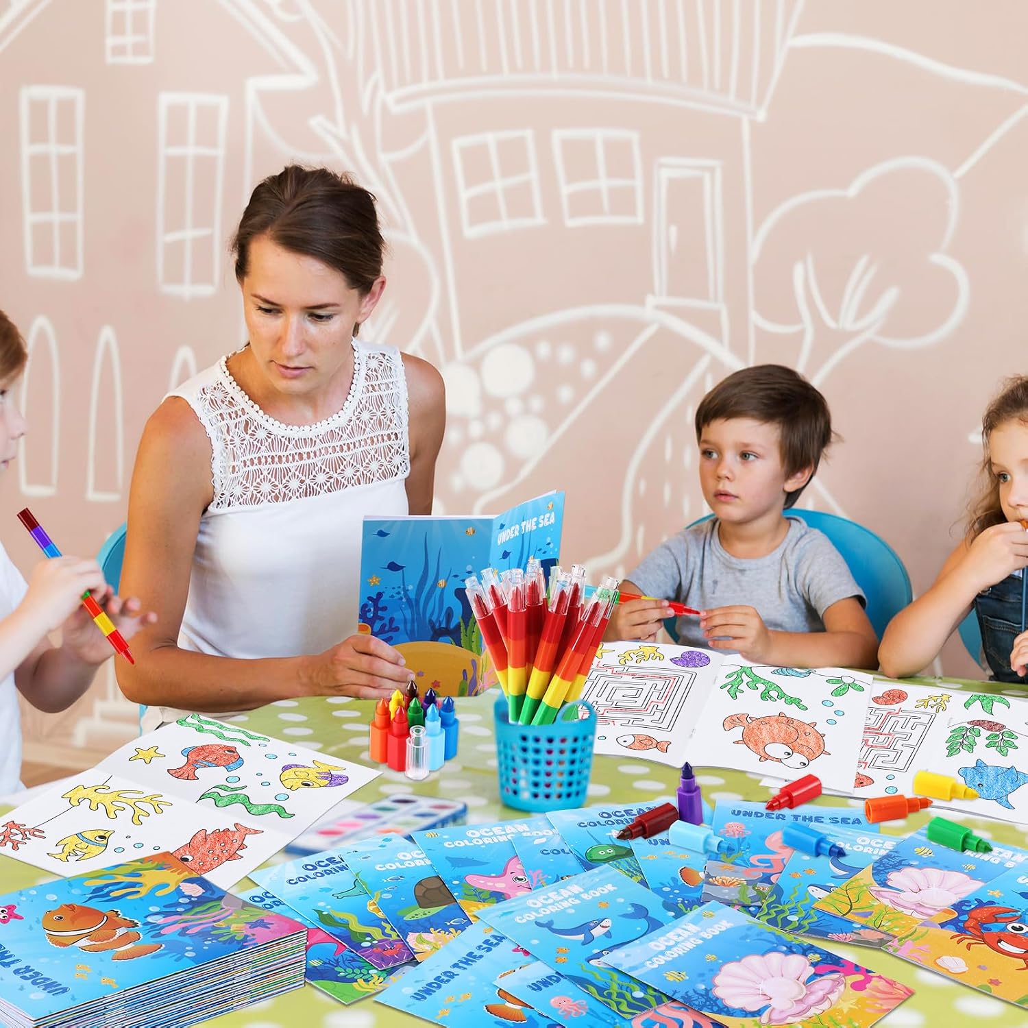 BenLouis 12 Under the Sea Mini Coloring Books Kids with 12 Stacking Crayons Ocean Animals Party Favors Small Activity Books Bulk for Kids Fish Birthday Party Gift Goodie Bag Stuffers