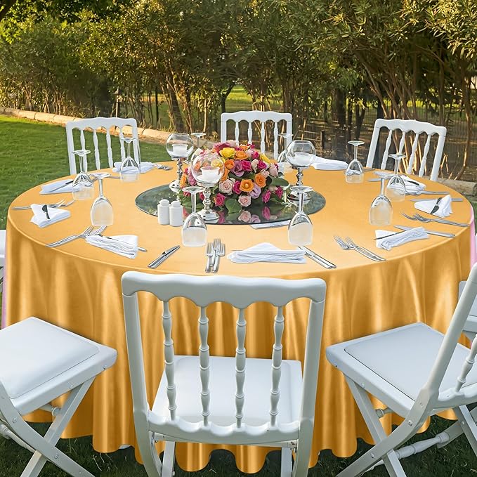 Ruisita 120 Inches Round Satin Tablecloths Gold Overlay Round Satin Table Cover Bright Silk Tablecloth Smooth Fabric Tablecloth for Wedding Banquet Table Decoration