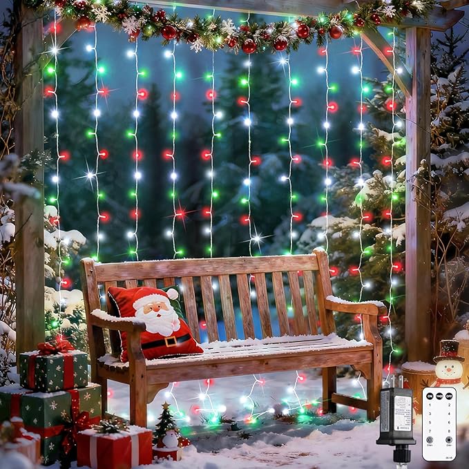 JMEXSUSS 300LED Red White and Green Christmas Curtain Lights with Remote, Indoor Christmas String Lights Plug in, Hanging Twinkle Lights for Bedroom Window Wall Yard Outdoor Xmas Decor, 9.8x9.8ft