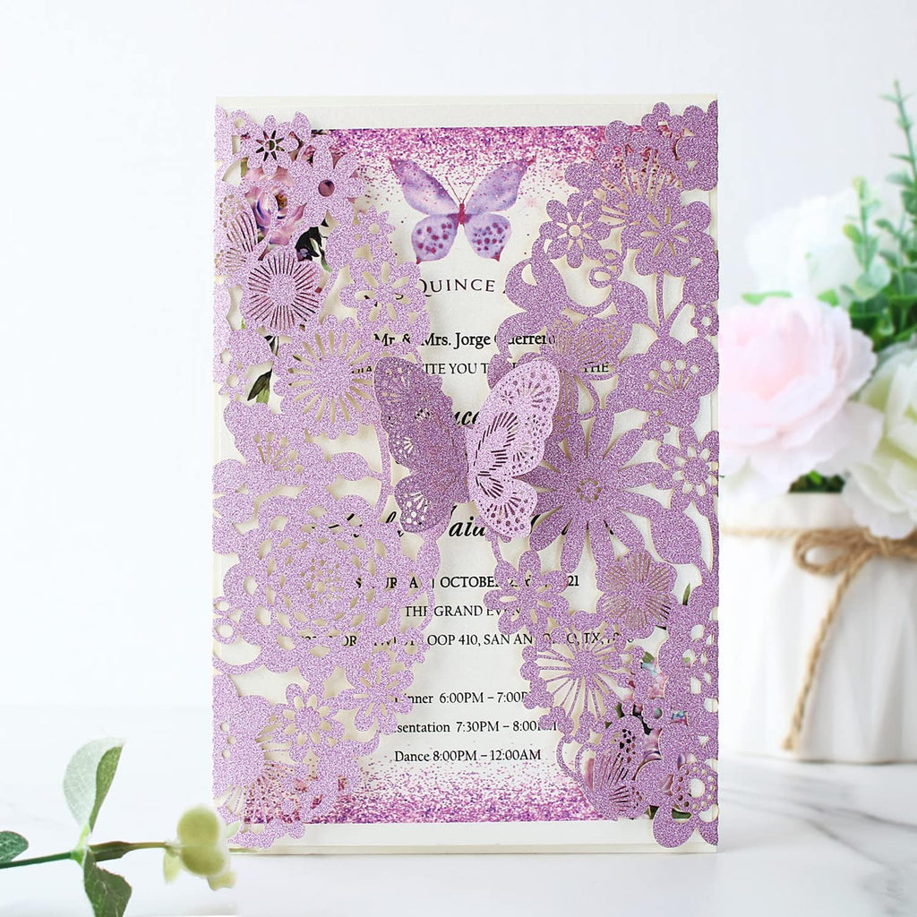 Hosmsua 20PCS 5.12 x 7.3 Blank Purple Quinceanera Invitation Kit with Butterfly Laser Cut Lace Flora Invitations for Wedding Quinceañera Sweet 16 Birthday Wedding Invitation (Purple Glitter)