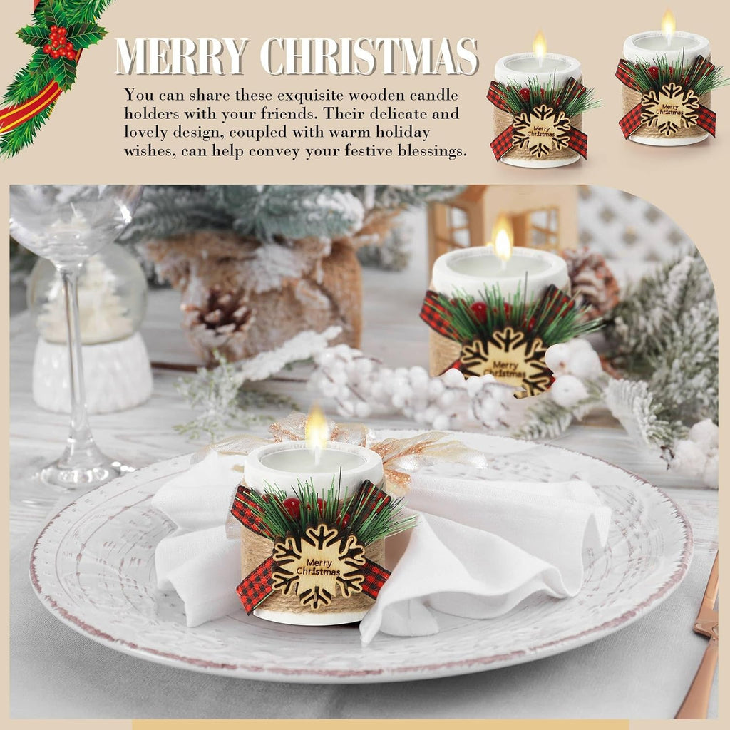 Uiifan 24 Sets Christmas Wood Tealight Holder and Tea Lights Set Decorative for Table Centerpiece Xmas Tealight Bulk Decor Gift (Snowflake,White)