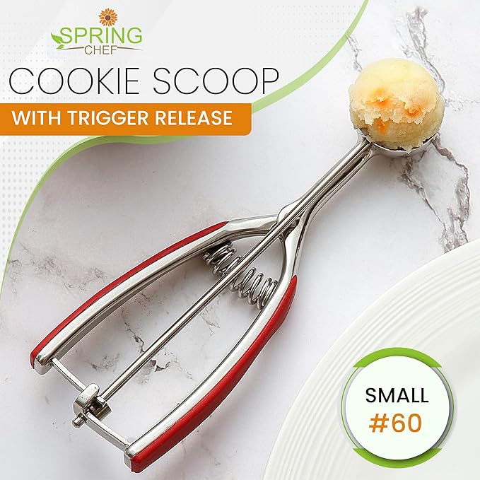 Spring Chef Red Small 1 Tbsp Stainless Steel Cookie Scoop for Baking - Multifunctional Melon Baller - #60 Cookie Dough Scoop with Trigger Release for Ice Cream, Protein Ball - Fruit Scooper and Baller