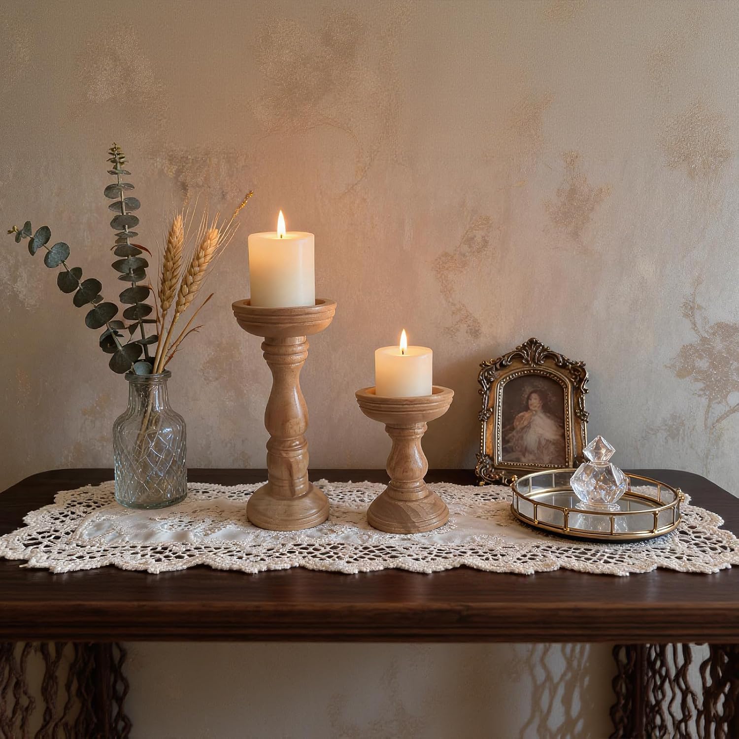 Farmhouse Wood Candle Holders for Pillar Candles Set of 2, Rustic Wooden Candlestick Holders Tall Candle Stand Decor, Solid Wood Table Centerpiece for Living Room Mantel, Brown