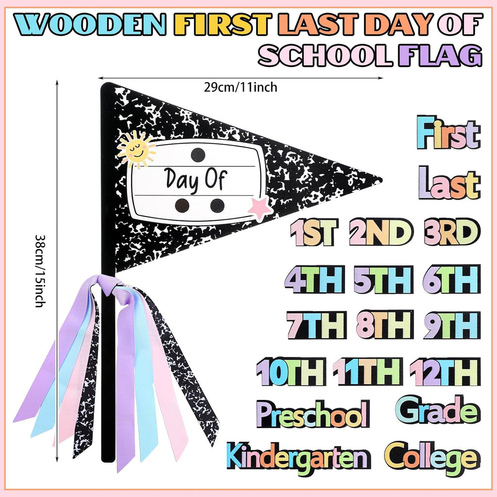 Hahafelt 23 Pcs Composition Book Style First & Last Day of School Wood Flag Kit with Ribbons and Reusable Pennants Signs 15 Grades Photo Prop for Preschool to College Welcome Classroom Decoration