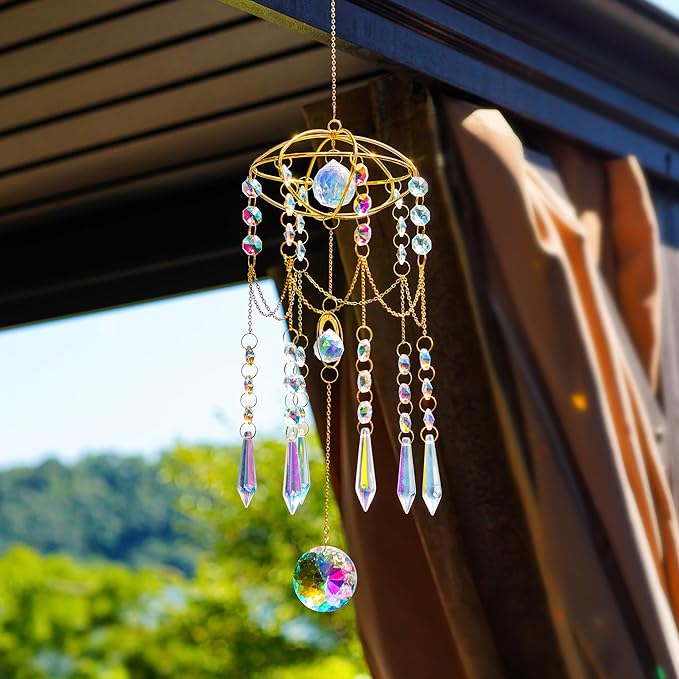 H&D HYALINE & DORA Colored Prisms Crystal Suncatcher Gold Window Sun Catcher Hanging Wind Chime Rainbow Sun Catcher for Home Garden Porch