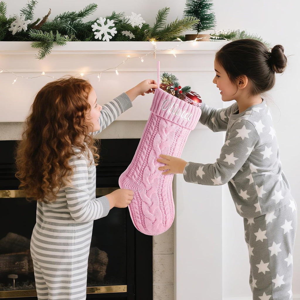 Personalized Christmas Stockings with Christmas Cards,Custom Embroidered Name Monogram Christmas Stocking for Baby Kids Girl Family,18" Large Pink Knit Xmas Stockings for Fireplace Decor