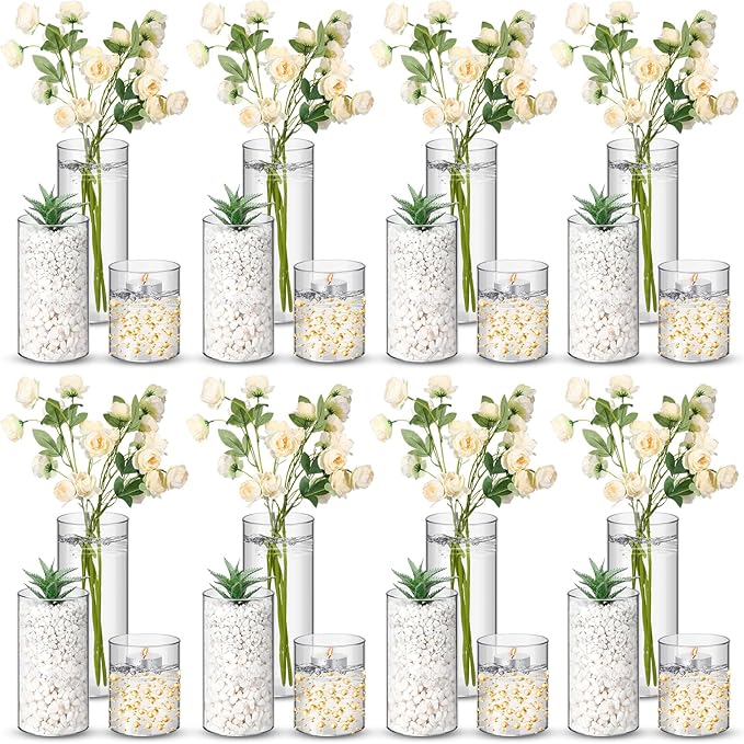 Nuogo 24 Pcs Plastic Cylinder Vases Tall Clear Flower Vases for Centerpieces Hurricane Candle Holder for Home Wedding Office Party Formal Dinners Decorations (4''/6''/8'')