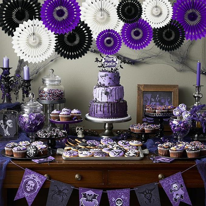 BEISHIDA Black Purple White Hanging Honeycomb Round Paper Fans Decoration Set for New Year Baby Shower Halloween Birthday Wedding Photo Booth Backdrops Anniversary Paper Party Supplies 11packs