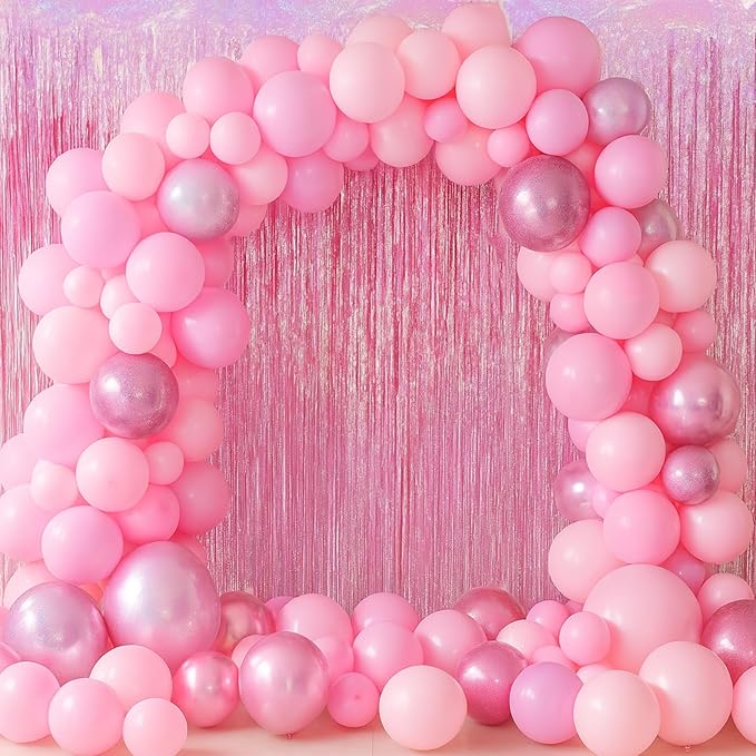 2 Pack Laser Pink Tinsel Foil Fringe Curtains, Mothers Day Pink Decorations, Metallic Tinsel Party Streamers Backdrop for Birthday Bachelorette Graduation Wedding Party Decorations