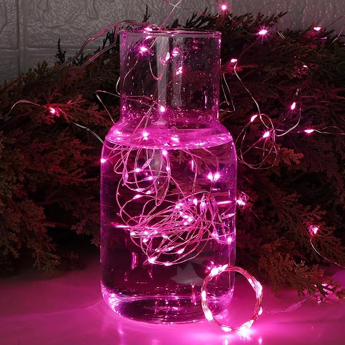 WATERGLIDE 12 Pack Fairy Lights Battery Operated (Included), 7 ft 20 LED Mini String Lights, Waterproof Silver Wire Firefly Starry Light for DIY Wedding Christmas Party Mason Jars Decor, Pink