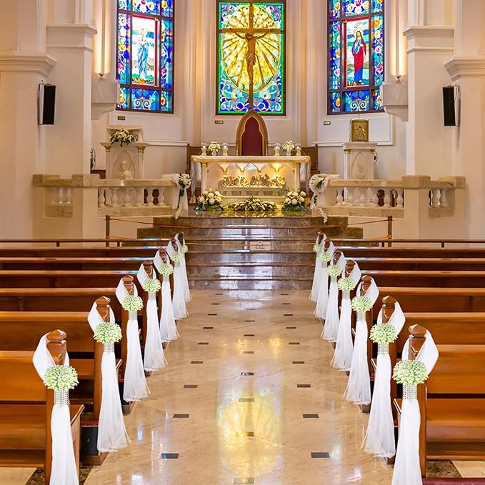 Olgaa Wedding Aisle Decorations for Ceremony Set of 24 Wedding Chair Pew Flowers Church Decorations with Artificial Baby’s Breath and Rhinestone for Weddings Party Bench Aisle (Baby’s Breath)