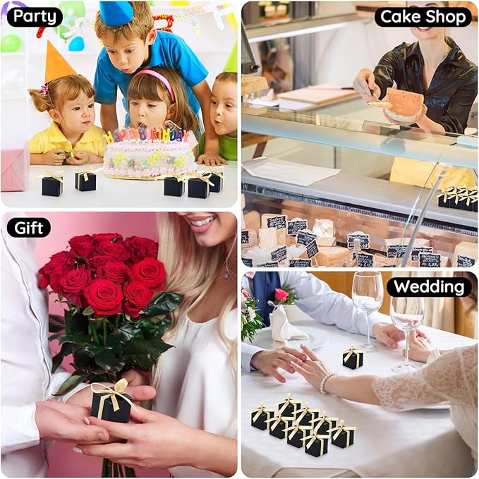 EUSOAR Favor Boxes, 60pcs 2x2x2 Inches Black Boxes Small Candy Box with Gold Ribbons, Mini Paper Cube Soap Box Chocolate Truffles Storage Macaron Container for Wedding Birthday Party DIY Favors