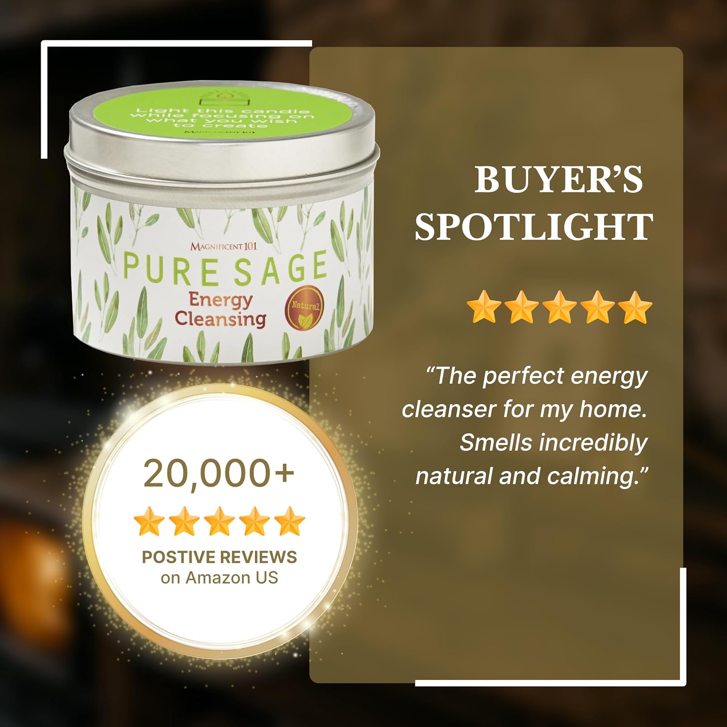 Magnificent 101 Long Lasting Pure Sage Candle - 6 Oz - 35 Hour Burn Time - Organic, All Natural, Soy Wax Candle for Energy Cleansing & Calm, Soothe - Spiritual