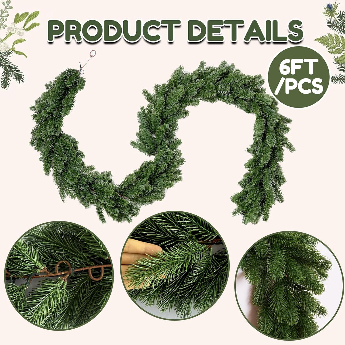 6ft 1pcs prelit realistic faux norfolk pine garland, close-up detail