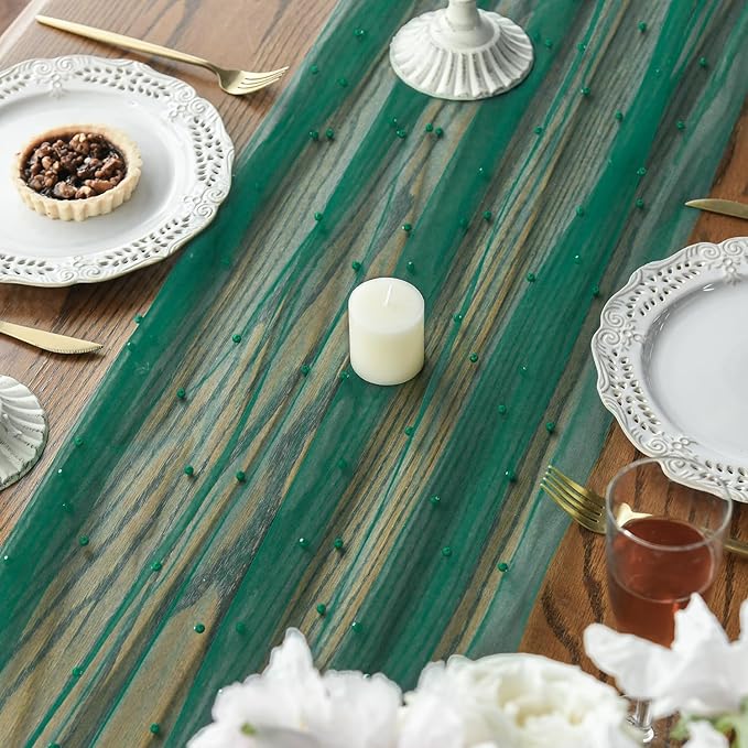 Artoid Mode Pearl Dark Green Gauze Table Runner 120 Inch 10FT, Seasonal Sheer Dining Holiday Wedding Birthday Baby Shower Table Decor for Home Party