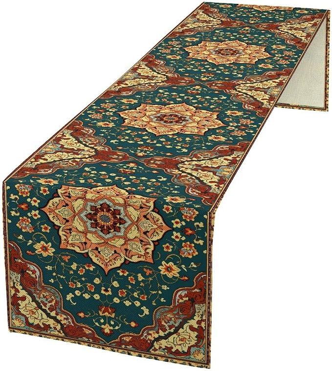 Boho Rich Table Runner, Vintage Blue Teal Gold Retro Flower Rustic Country Style Floral Print Pattern for Home Kitchen Table Decor Dining Coffee Room Garden Party Decor 13x72in