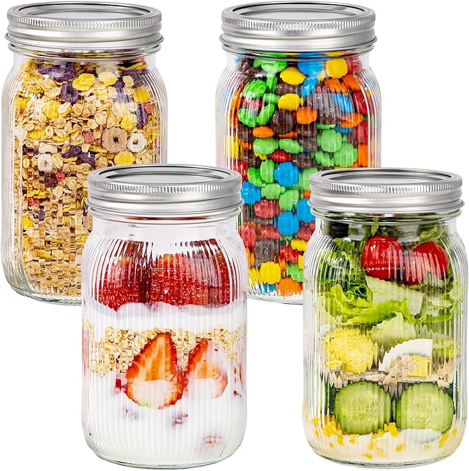MirthMood 32 OZ Wide Mouth Mason Jars, 4 PACK Glass Mason Jars with airtight Lids, Quart mason jars wide mouth for Fermenting, Pickling, Freezing, Preserving, Meal Prep, Jar Décor