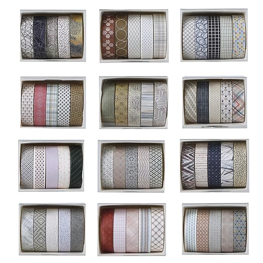 YUBBAEX 60 Rolls Value Washi Tape Pack Retro Arts Masking Tape Basic Patterns Decorative for DIY Crafts, Bullet Journal Supplies, Planners, Scrapbook, Card/Gift Wrapping (Basic Geometry)