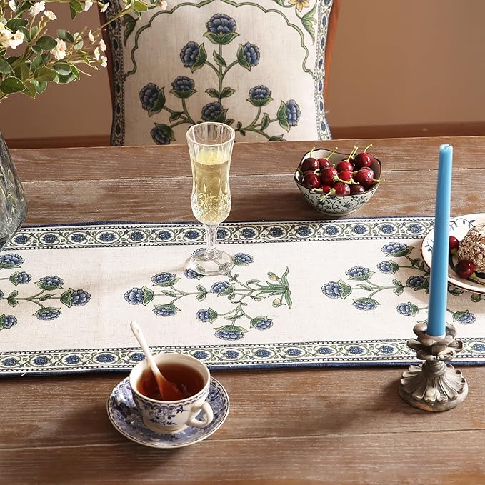 patdrea Designer Blue Rustic Elegant Floral Patterned Linen Table Runner 87 Inch Long,Wrinkle Resistant Table Mat,Decoration for Kitchen Dining and Coffee Tables Banquet Christmas , 12"x87"