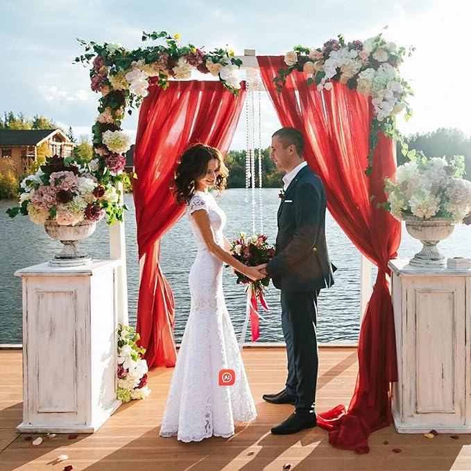 VOK Red Wedding Arch Draping Fabric 29in x 18Ft 4 Panels Sheer Chiffon Curtain Drapes Extra Long for Outdoor Wedding Ceremony Birthday Party Decoration