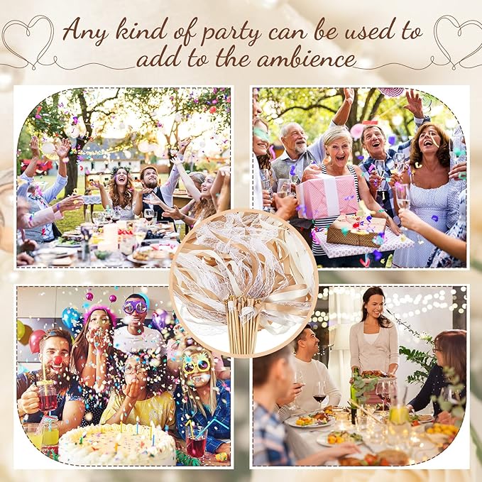 Taiyin 150 Pcs Lace Ribbon Stick Wands Wedding Wand Streamers with Bell Silk Ribbon Fairy Wand Wedding Send Off Streamer for Baby Shower Holiday Party Favors(Champagne, Beige)