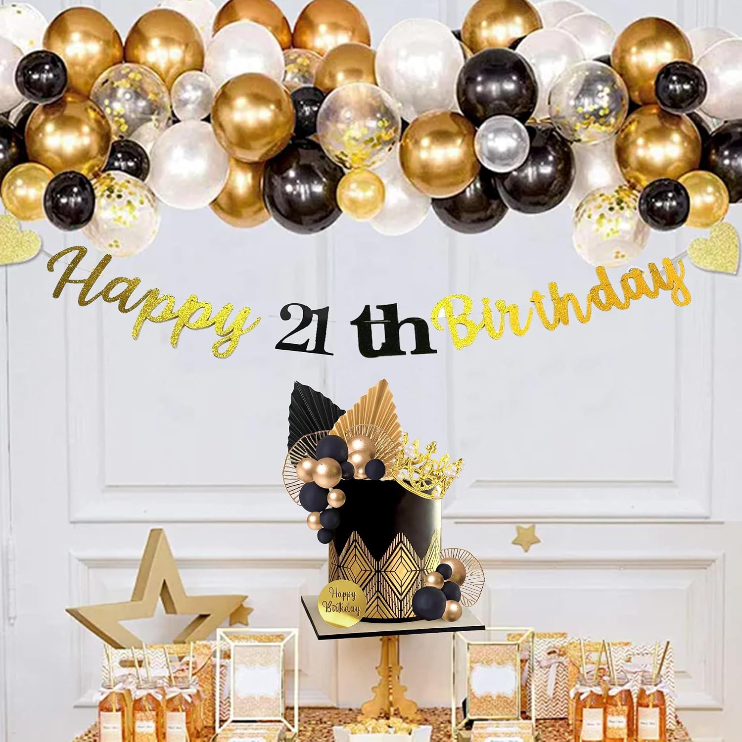 Balls Cake Toppers Crown Tiara Cake Topper Happy Birthday Cake Decorations for Birthday Boho Wedding Baby Shower Party Decorations (Black Gold)