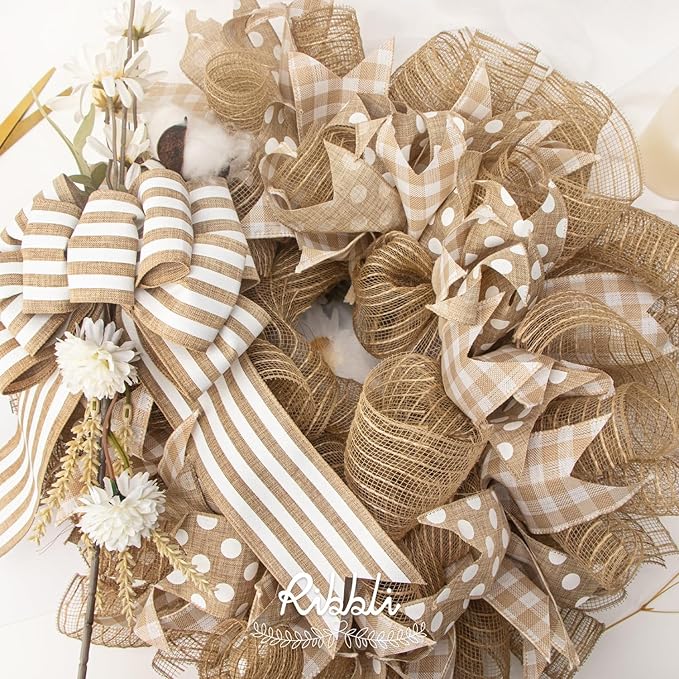 Ribbli 2 Rolls Burlap Mesh Ribbon,10 inch x 30 feet(10Yard) Each Roll,Natural with Jute,Use for Wreath Swags and Decorating