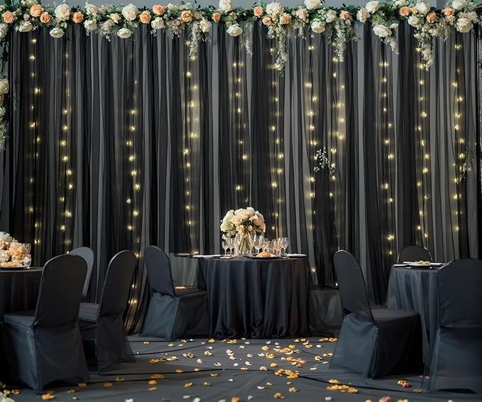 10ft x 10ft Black Tulle Photo Backdrop Curtain with Lights String for Parties Sheer Black Curtain Backdrop for Birthday Party Baby Shower Wedding Photo Booth Photography Background Decorations