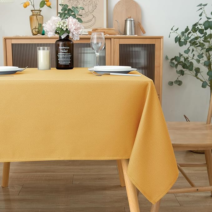 Biscaynebay Fall Tablecloth Textured Fabric Square Tablecloths 70x70'', Fall Gold Thanksgiving Autumn Harvest Water Resistant Fabric Tablecloths for Kitchen, Dining, Wedding, Parties Machine Washable
