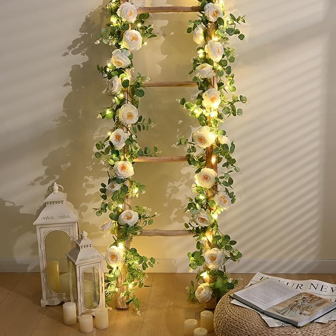 Dolicer 2Pcs 13Ft Artificial Eucalyptus Garlands with Flowers, Faux Floral Greenery Garlands with 13Ft String Lights Fake Flowers Vines for Wedding Centerpieces Arch Party Decor (White)