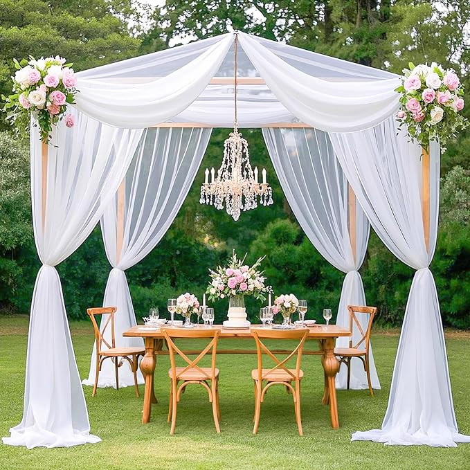MODFUNS Ceiling Drapes for Parties White Sheer Chiffon Curtains 5x30FT 6 Panels Wedding Arch Drapes Fabric Sheers Arbor Drapery Tulle Ceiling Covering Fabric for Ceremony Stage Arbor Ornament