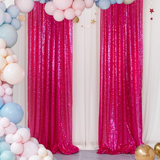 ShinyBeauty Sequin Curtains Hot Pink 2FTx8FT 4 Panels Sequin Photo Backdrop Shimmer Backdrop Fuchsia Glitter Curtains for Shower Sequins Backdrop Background