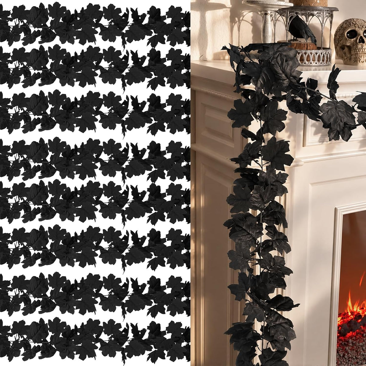 48ft black halloween garland 8pcs maple leaf, table, main product view