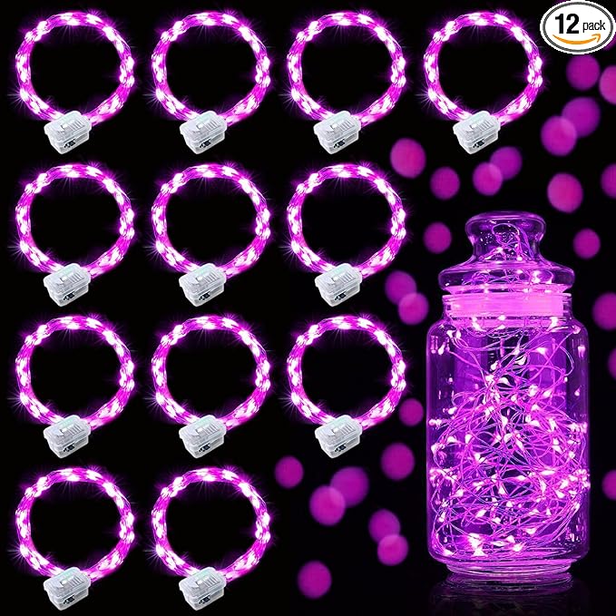 Aogist 12 Pack Fairy Lights 3 Modes 7ft 20 LED Waterproof,Battery Operated Silver Wire Firefly Starry Moon Mini String Lights for Mason Jars Christmas DIY Crafts Wedding Party Bedroom,Pink