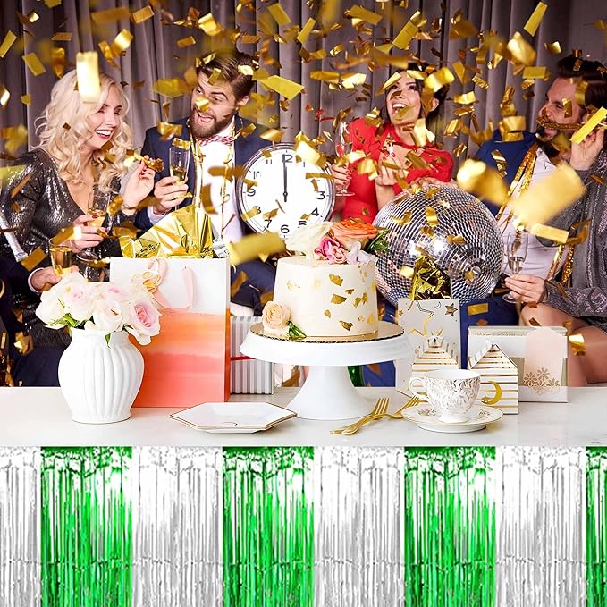 3 Pack 29 x108 Inch Silver Green Foil Fringe Table Skirts Metallic Banner for Tinsel Streamer Garland Backdrop for Parade Floats Mother's Day, Graduate, Birthday, Wedding Party Decoration