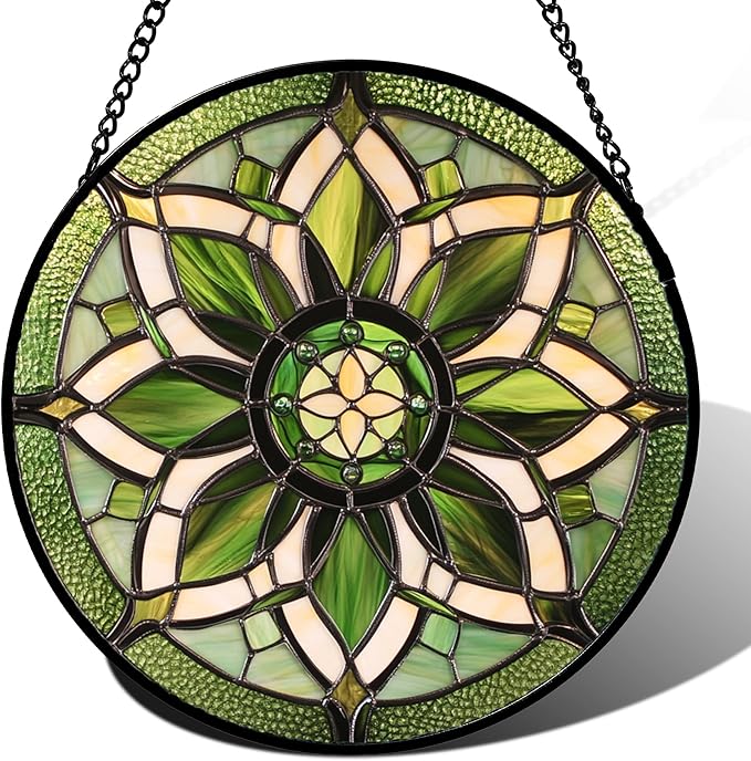 Stained Glass Window Hanging - White Green Boho Flower Suncatcher for Doors Window Home Sun Catchers Decor Christmas Mother's Day Birthday Gifts for Teacher Women Men Mom Nana 7.8 in