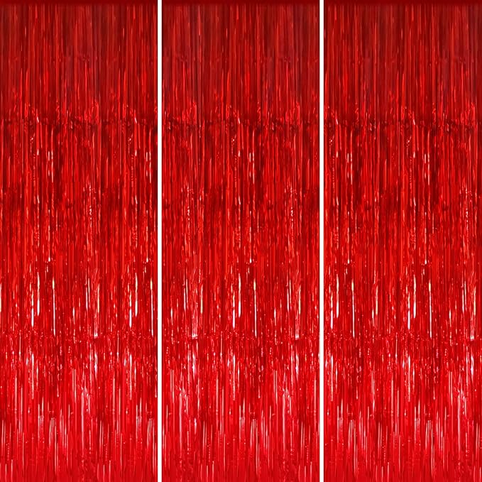 GOER 3.2 ft x 8.2 ft Metallic Tinsel Foil Fringe Curtains Party Photo Backdrop Party Streamers for Birthday,Graduation,New Year Eve Decorations Wedding Decor (3 Pcs, Red)