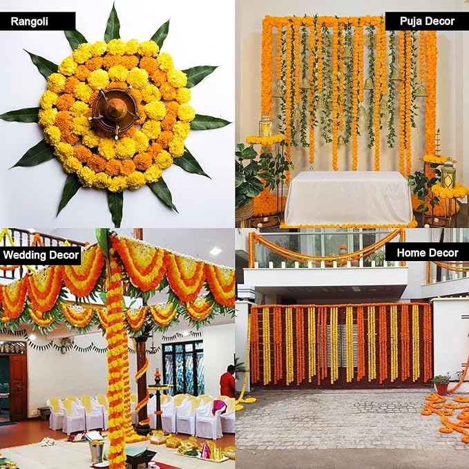 Marigold Garlands for Decorations Pack of 5 - Artificial Marigold Flowers for Decorations -Indian Decor for Pooja, Indian Flower Garland (Yellow Orange Combination | 4 to 4.5 Ft) Hashcart®