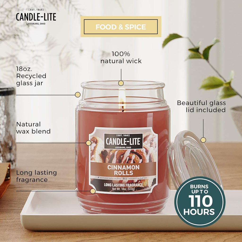 Candle-lite Fall Scented Candles, Cinnamon Rolls, 18 oz Jar, Proudly Poured in The USA, Aromatherapy Candle, Single-Wick with 110 Hours of Burn Time, Perfect for Creating an Inviting Ambiance