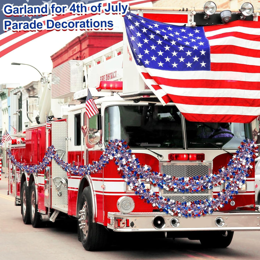 2 Pack Total 66 FT 4th of July Garland Decorations, Red White and Blue Garland Patriotic Tinsel Garlands USA 250th Anniversary Independence Day Memorial Day Decor for Car Golf Cart Parade Float Bike