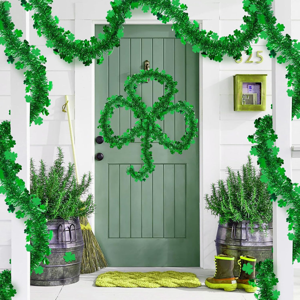 2 Pack St Patrick’s Day Tinsel Garland Decoration 66 Feet Hanging Metallic Green Shamrock Garland for Irish Festival Mantle Wall Window Decor